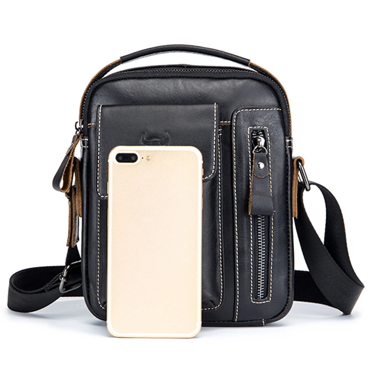 (image for) BULLCAPTAIN Genuine Leather Business Messenger Bag Retro Mini Vintage Shoulder Bag Crossbody Bag for Men Multi-functional Leather Mobile Phone Bags